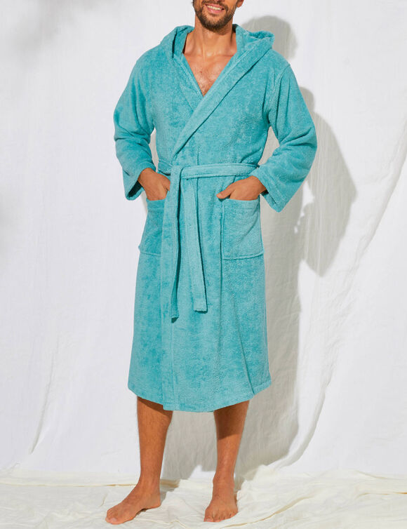 Peignoir mixte adulte col capuche éponge bouclette (vert d'eau)
