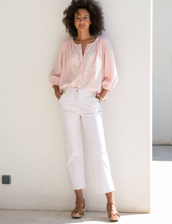Chemisier brodé, manches 3/4  (rose grisé / écru)