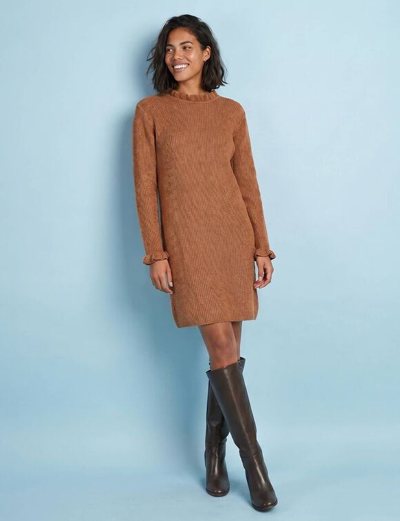 Robe pull avec laine d&eacute;tails volant&eacute;s, Sp&eacute;cial Petites (noisette)