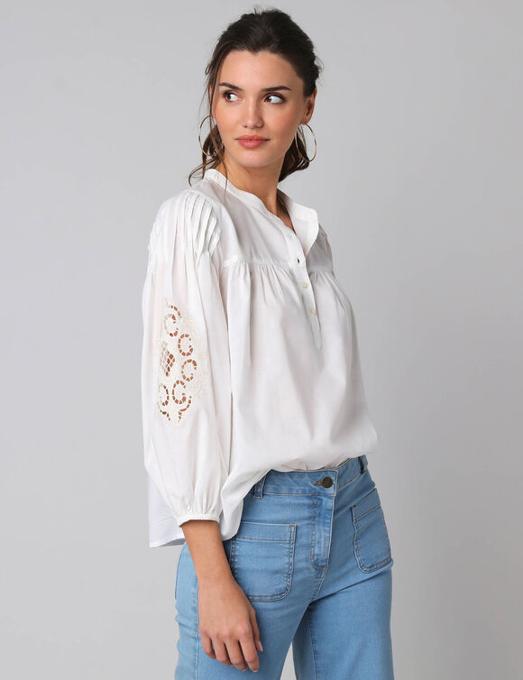 Blouse ample manches 7/8&egrave; brod&eacute;es (blanc)