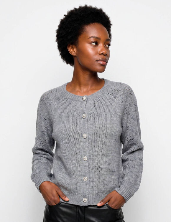 Cardigan boutons "bijoux" (gris chin&eacute;)