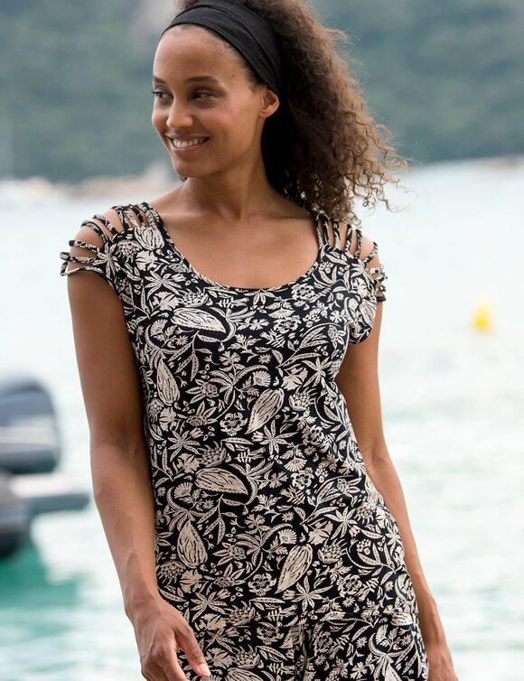 T-shirt la&ccedil;age &eacute;paules imprim&eacute; bicolore, maille (noir / blanc)