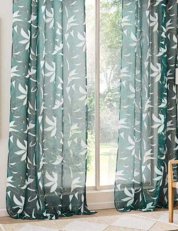 Voilage motif feuillage, imprim&eacute; m&eacute;tallis&eacute;, finition oeillets (&eacute;meraude / dor&eacute;)