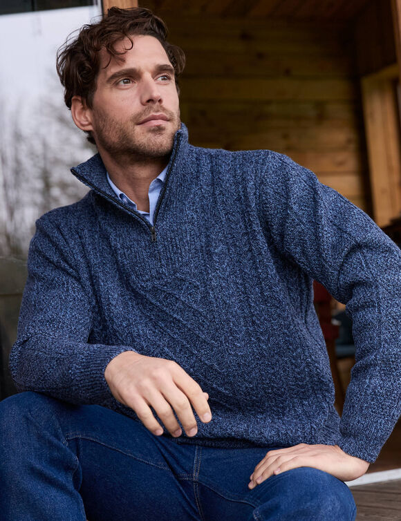 Pull col camionneur maille irlandaise (bleu mouliné)