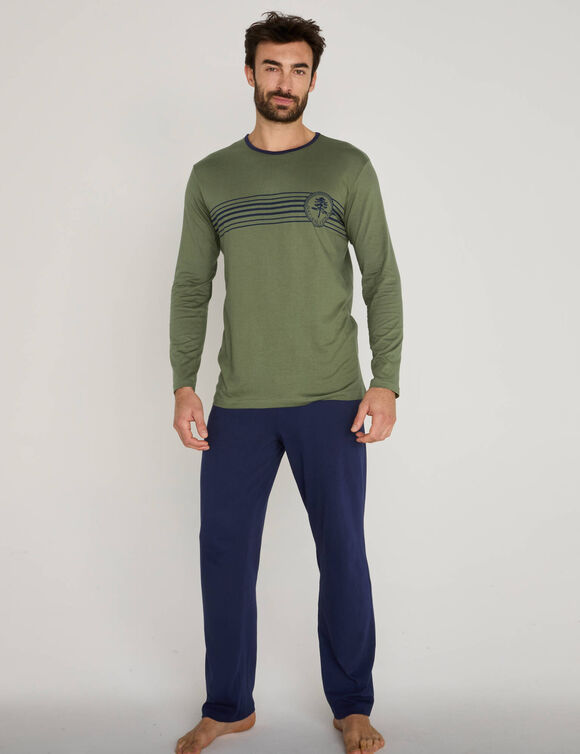 Pyjama pantalon jersey coton manches longues (kaki / marine)