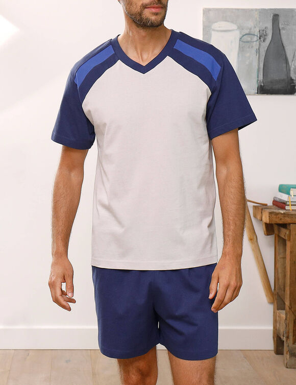 Driekleurige shortama - set van 2 (blauw + grijs)