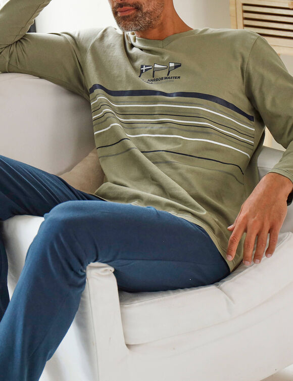 Lange pyjama met V-hals en lange mouwen van zachte katoen (linde / marine)