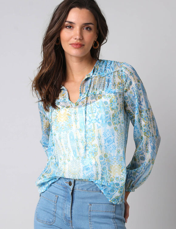 Blouse l&eacute;g&egrave;re imprim&eacute;e patch (bleu / jaune)