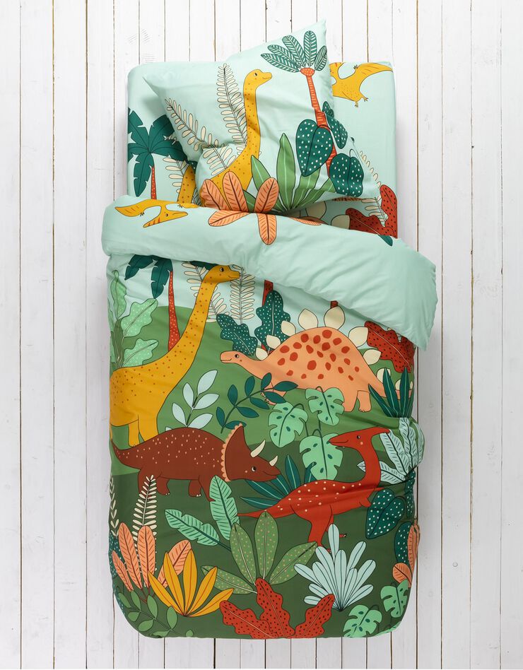 Linge de lit enfant Jurassi coton - Imprimé dinosaure  (vert)