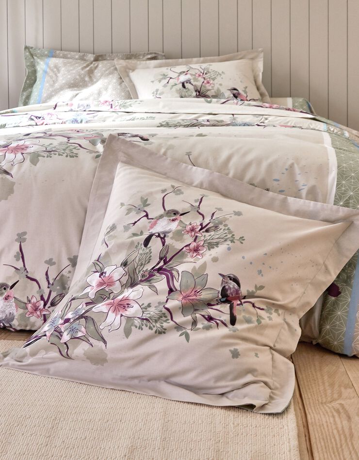 Linge de lit Birdy en coton imprimé oiseaux (sable)