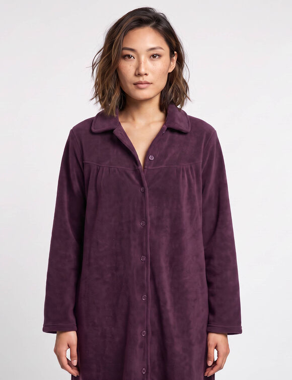 Robe de chambre longue en polaire, col Claudine (prune)