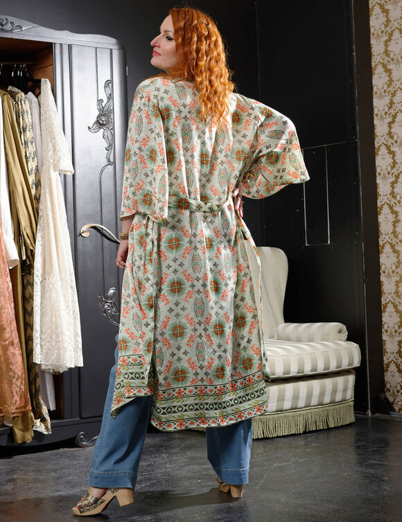 Kimono long imprimé « Roubaix Nostalgie » - Marilyn Feltz  (vert d'eau / corail)