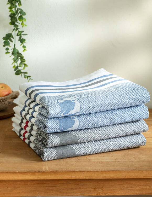 Torchons motif poule et vache - lot de 4 (bleu + gris)