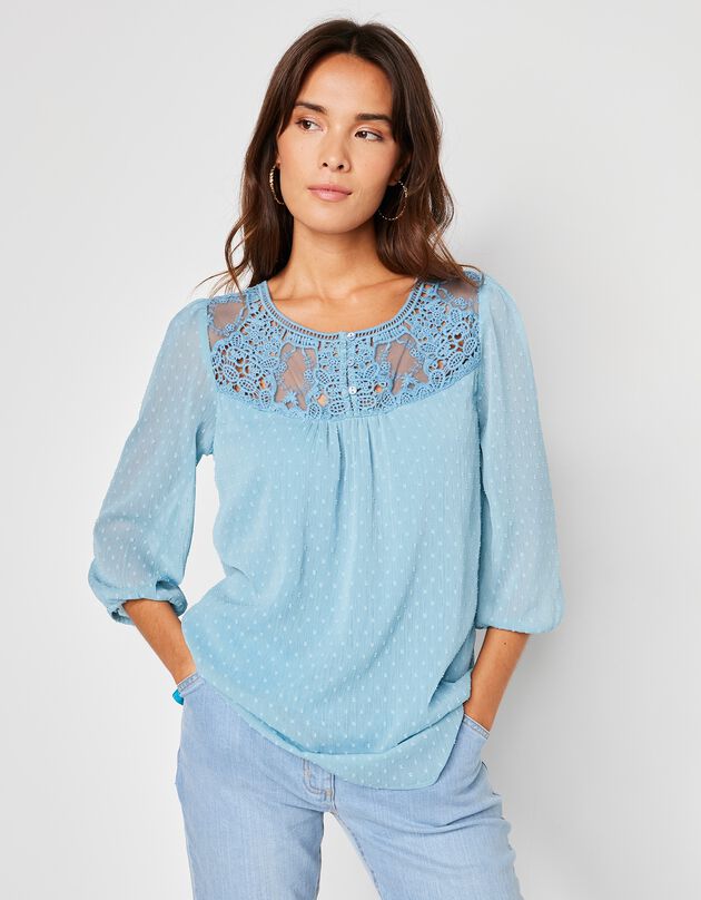 Blouse macramé unie, voile plumetis (bleu grisé)
