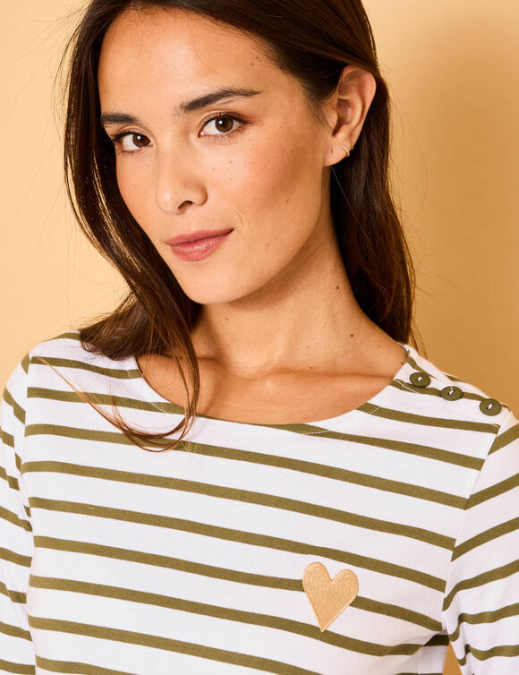 T-shirt marinière broderie coeur doré en coton biologique(**) (blanc / kaki)