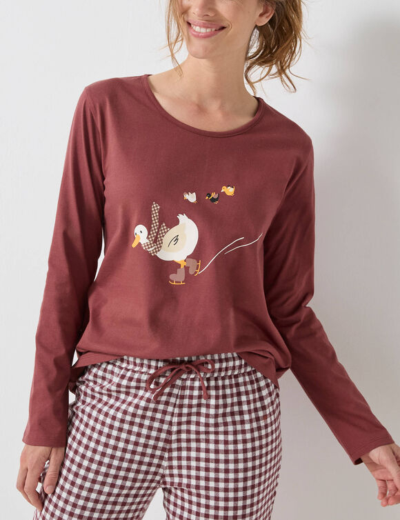 Pyjama pantalon "canards" et vichy en coton-flanelle + chouchou assorti (chocolat / &eacute;cru)