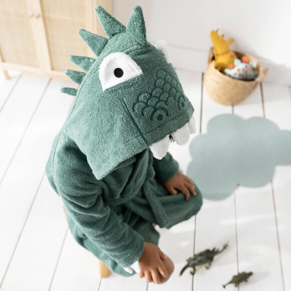 Kinderbadjas met dinosaurusmotief en kap, personaliseerbaar - 340 g/m² (eucalyptus)
