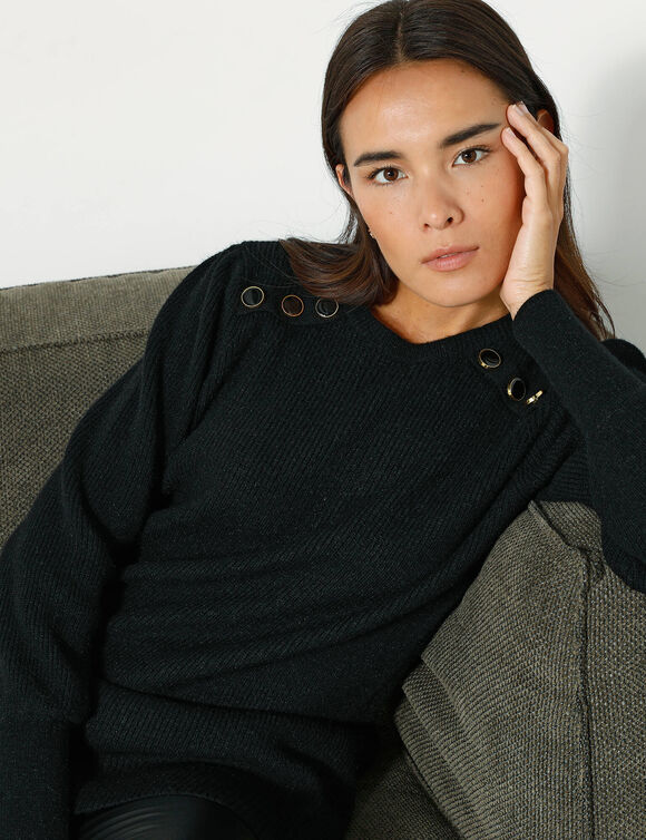 Pull tunique boutons fantaisie toucher doux (noir)
