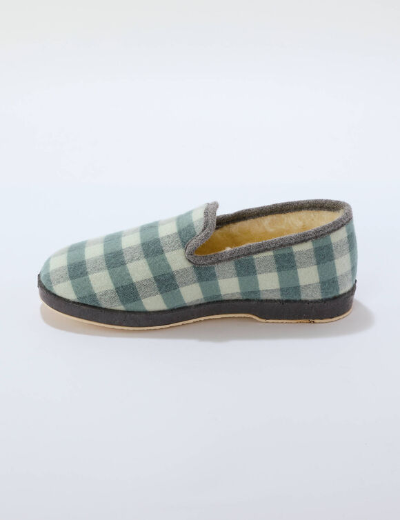 Charentaises fourrées laine majoritaire, motif carreaux (vert)