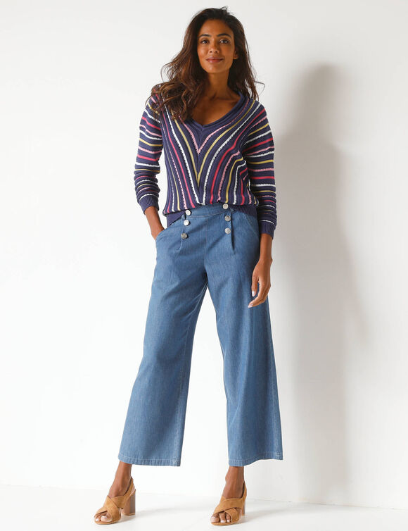 Pull V maille fantaisie, rayures graphiques (indigo / multicolore)