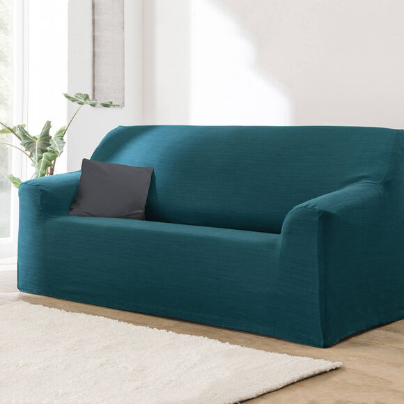 Housse extensible unie canap&eacute; fauteuil accoudoirs (bleu canard)
