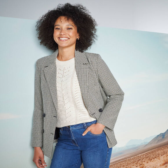 Veste blazer double boutonnage, imprimé pied-de-poule (beige / chocolat)