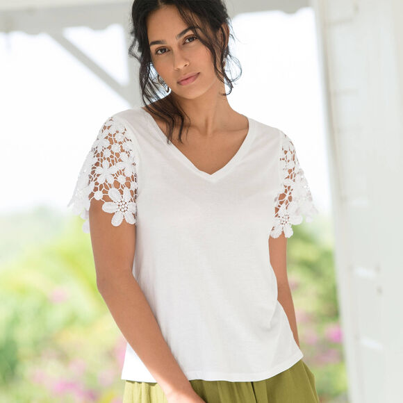 T-shirt manches courtes, macram&eacute; (blanc)