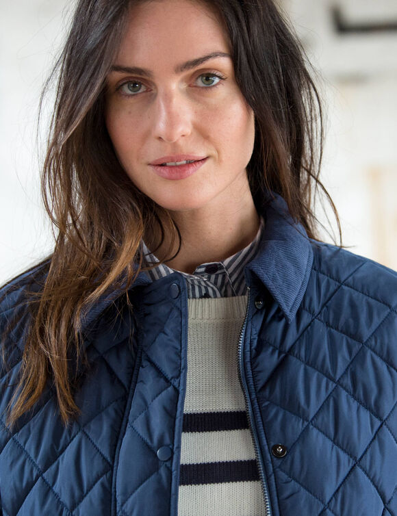Veste longue matelass&eacute;e, d&eacute;tails velours (bleu gris&eacute;)