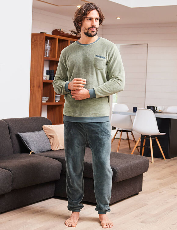 Pyjama pantalon bicolore maille polaire manches longues (kaki)