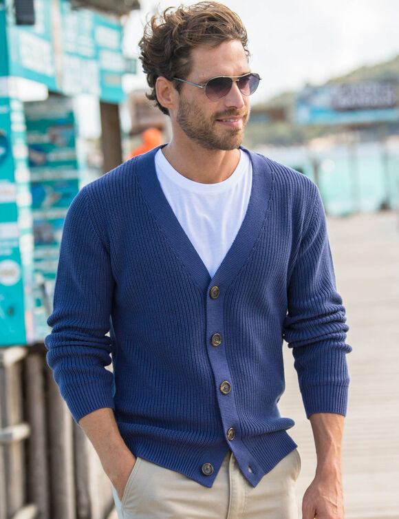 Gilet col V boutonné en maille anglaise (bleu jean)