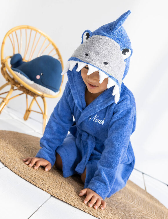 Kinderbadjas met haaiennmotief en kap, personaliseerbaar - 340 g/m² (felblauw)