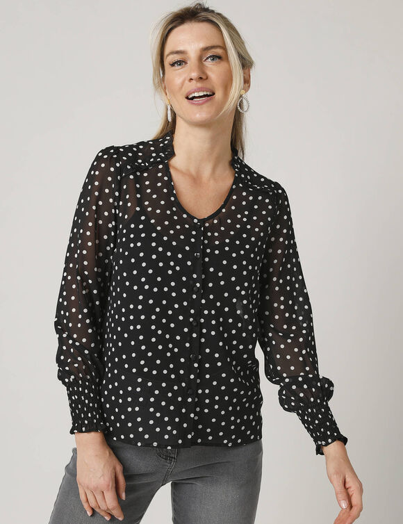 Blouse boutonnée voile à pois manches longues (noir / écru)