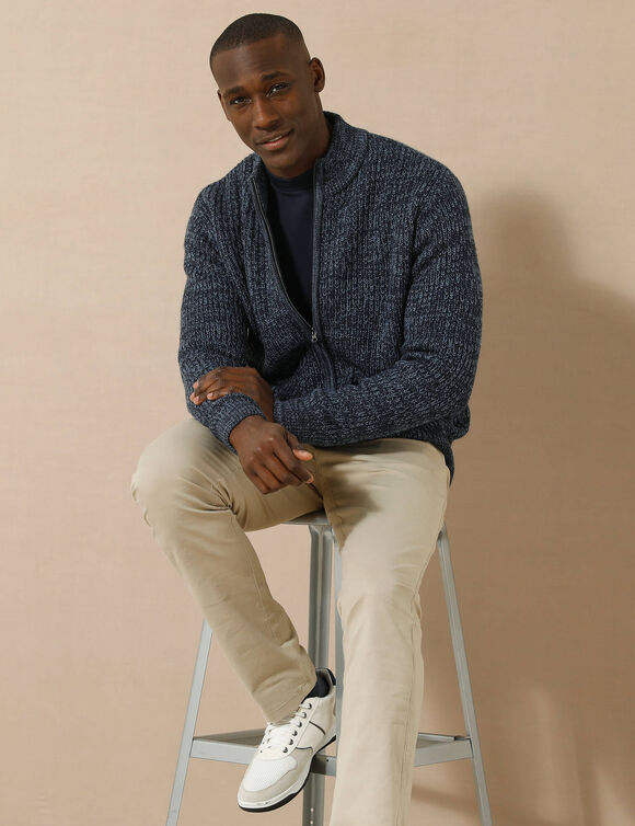 Gilet zippé côte anglaise 30% laine (bleu mouliné)