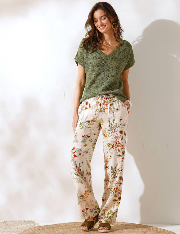 Pull maille ajourée, manches courtes (kaki)