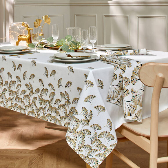 Nappe coton, imprim&eacute;e m&eacute;tallis&eacute; gingko (blanc / dor&eacute;)