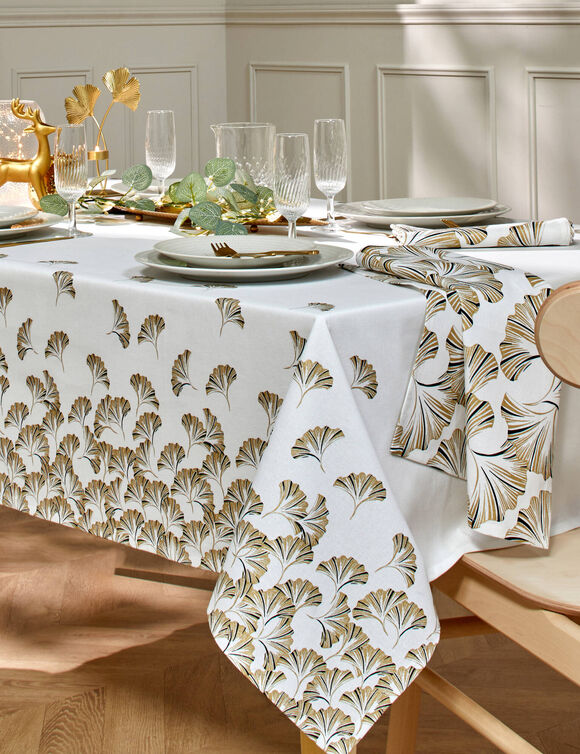 Katoen tafellaken, bedrukt met metallic gingko-print (wit / goudkleurig)