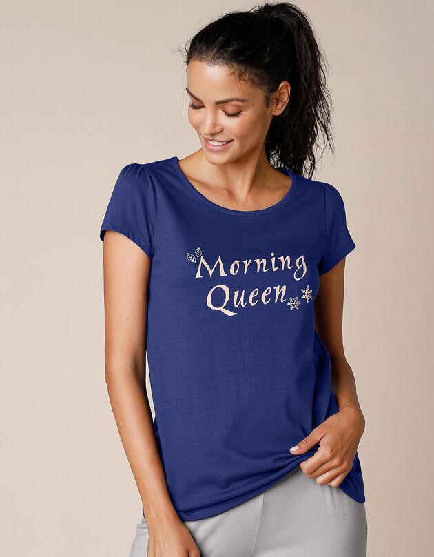 Pyjamashirt met korte mouwen en Morning Queen print, katoenjersey (marine)
