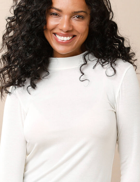 T-shirt chaleur manches longues col montant, en laine mélangée (écru)