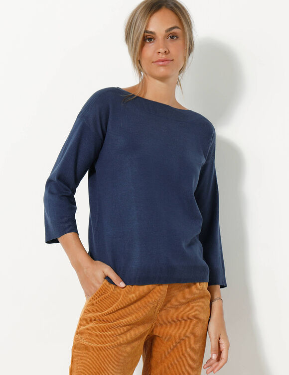 Pull col bateau manches 3/4, toucher doux (marine)