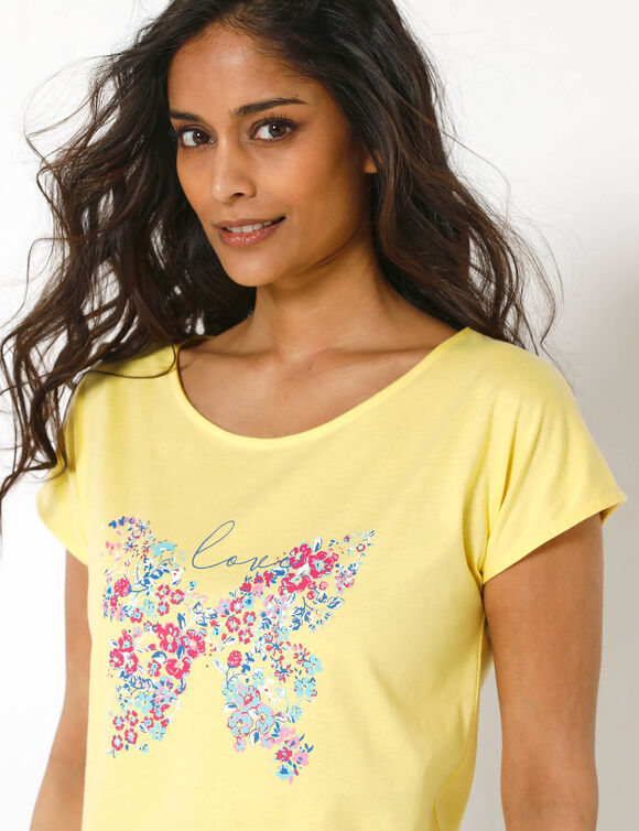 T-shirt manches courtes, imprim&eacute; plac&eacute; "papillon" (jaune)