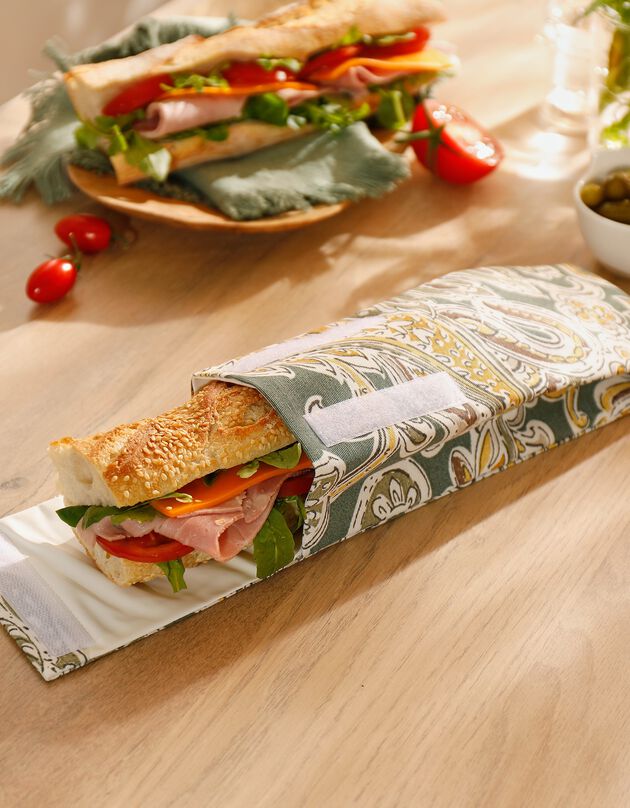 Pochette alimentaire en tissu pour sandwich baguette - collection upcycling (vert)