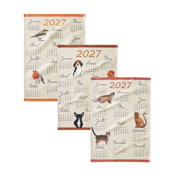 Theedoek met kalender: honden, poezen en vogels - set van 3 (veelkleurig)