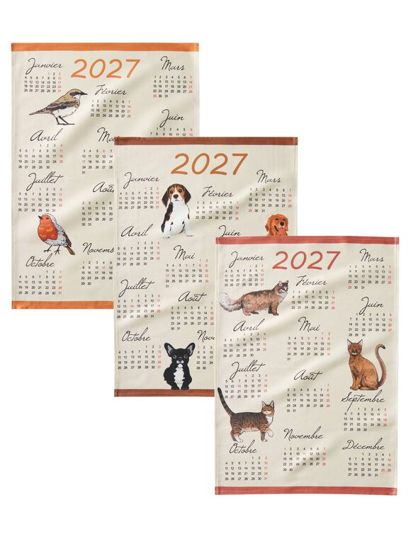 Torchon calendrier chiens chats oiseaux - lot de 3 (multicolore)