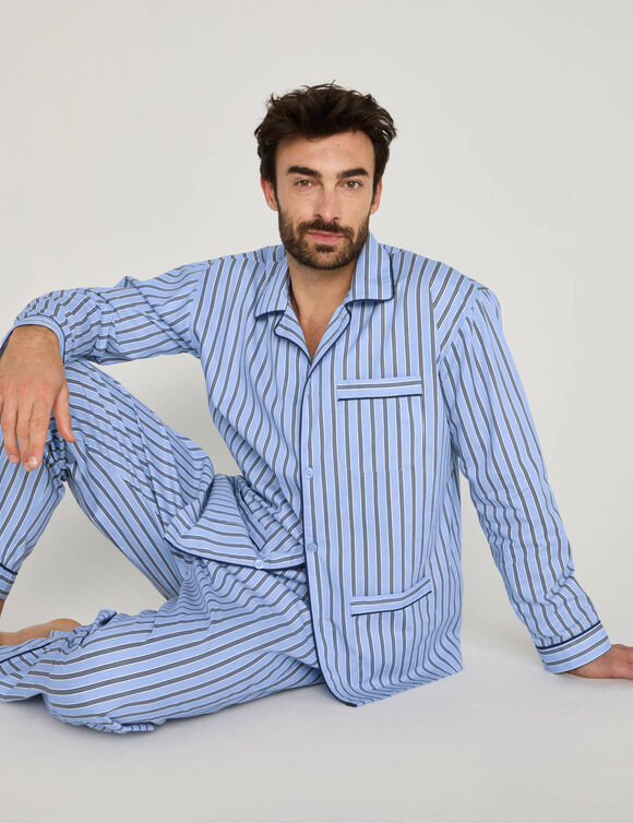 Pyjama rayures popeline coton (bleu ciel)