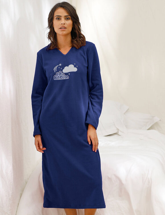 Chemise de nuit longue nuages en micro-polaire (marine)