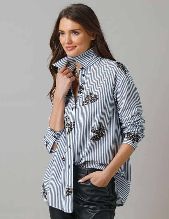 Chemise longue oversize en coton, rayures et imprim&eacute; (bleu / blanc)