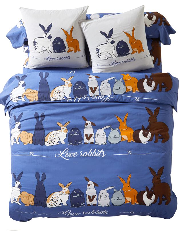 Linge de lit Rabbit en coton imprimé lapin, bleu, hi-res
