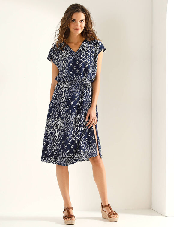 Robe manches courtes, cr&ecirc;pe imprim&eacute; (marine / &eacute;cru)