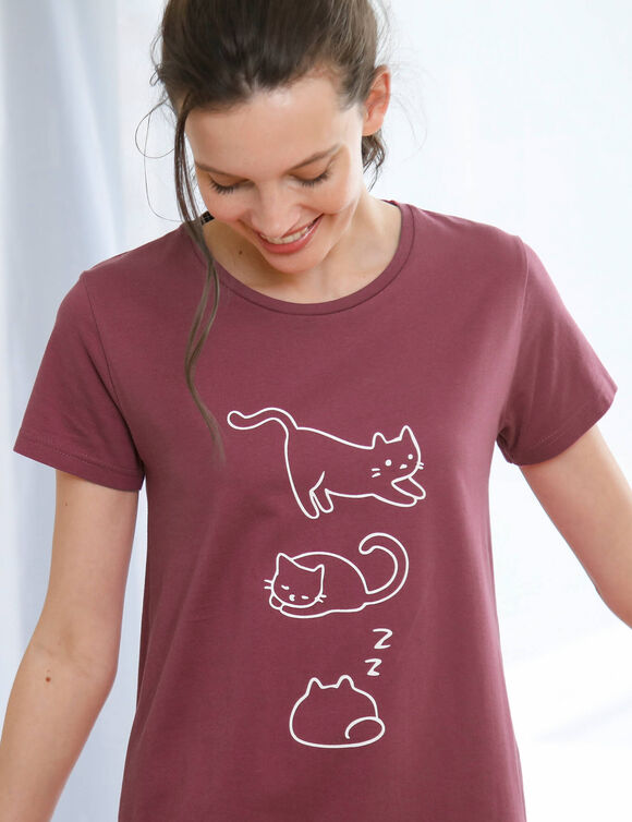 Kort nachthemd met korte mouwen, met kattenprint &ndash; set van 2 (pruim + roze)