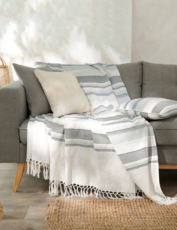Plaid jet&eacute; multicolore coton tissage artisanal (gris perle)